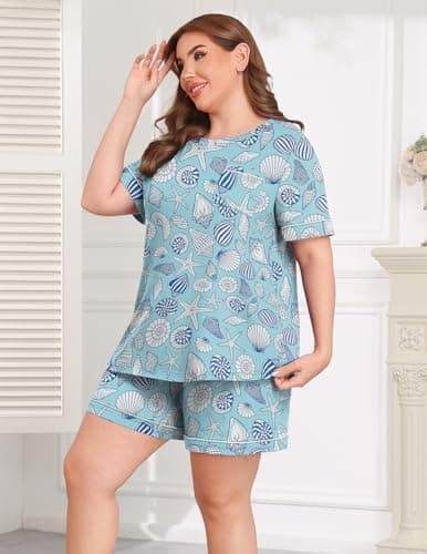 Lastshe Women Plus Size Pajama Sets Knit Soft 2 Piece Short Sleeve Shorts with Pockets Pjs Lounge Set Loungewear,Light Blue Shells-3X - Thumbnail 4