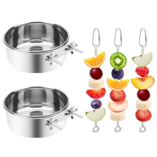 VOXGET 2 Pcs Bird Feeder Bowls with 3 Pcs Food Holder for Cage, Parrot Food Water Bowls and Fruit Skewer Foraging Toy, Stainless Steel Bird Feeding Dish Cups for Small Animals (Silvery, 5 Pcs)