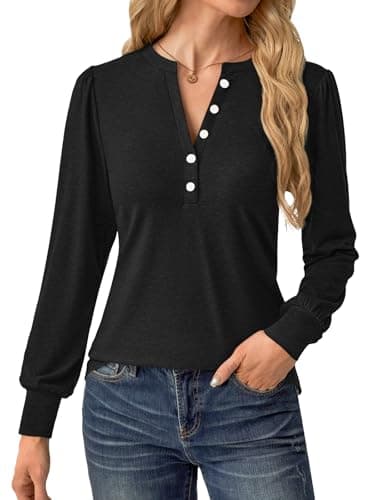 GKBK Women's Puff Long Sleeve Tunic V Neck Button Blouses Fall Tops Trendy Dressy Casual Business Henley Shirts Black XL - Thumbnail 4