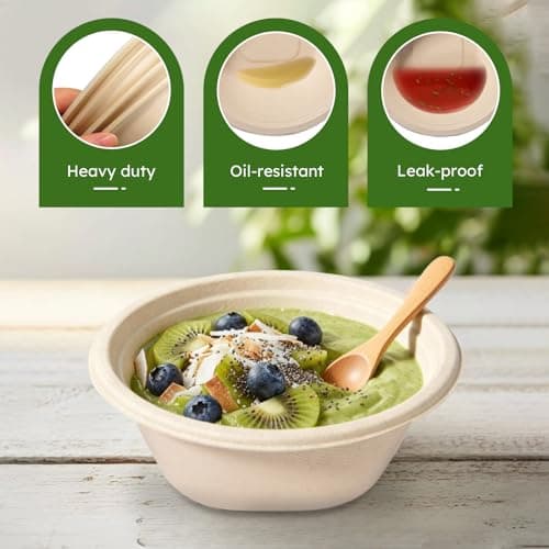 JYTIDYRA 32 oz Disposable Paper Bowls, Heavy-Duty Compostable Soup Bowls, Eco-Friendly Biodegradable Bagasse Bowls, Microwave & Freezer Safe, Large Deep Bowls for Salad, Cereal, BBQ [100 Pack] - Thumbnail 4