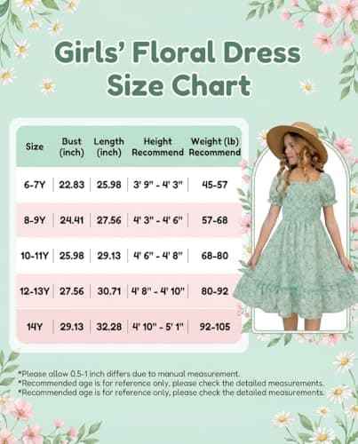 FREELYVE Girls Summer Floral Smocked Dress Square Neck Puff Sleeve Ruffle School Party Teen Sundress,Green,6-7Y - Thumbnail 6