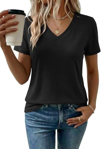LaGracia Women's Cotton T Shirt V-Neck Short Sleeve Shirt Classic-Fit Casual Breathable Tee Summer Basic Tops Black XL - Image 1