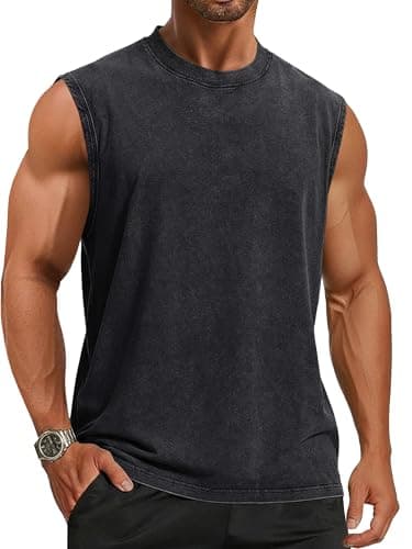 Tank Tops Men Summer Sleeveless Shirts Loose Fit Workout Tops Acid Wash Cotton Tshirts, Plain Black, 2XL - Image 1