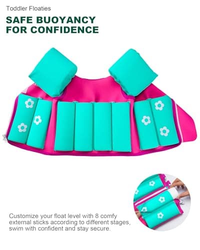 AEOCOO Toddler Swim Vest 20-30-50-70 Pounds, Kids Pool Floaties for 1-2-3-5-7-9 Years Old, Comfortable Wear Bright Float Jacket with Water Ring, Unpadded Sides for Arm Comfort, Boys, Girls, Pink - Thumbnail 5