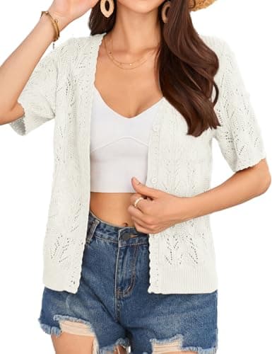GRACE KARIN Women's Cardigan Sweater Casual Hollow Out Knit Short Sleeve Cropped Bolero Shrugs for Dresses Ivory White S - Image 1