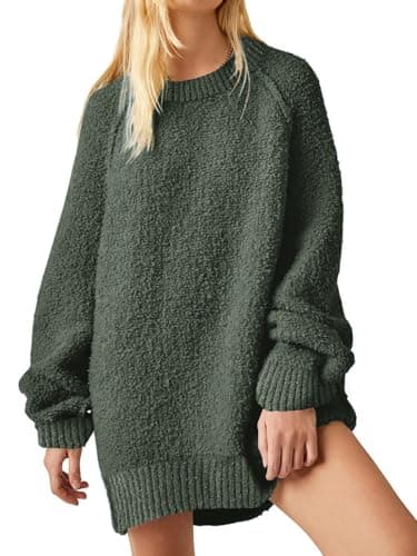 UNCLECAT Womens Oversized Sweater 2025 Fall Trendy Fuzzy Crew Neck Long Sleeve Casual Tunic Sweaters Army Green - Image 1