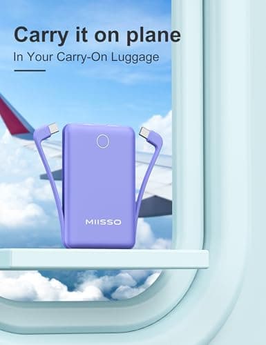 miisso 10000mAh Compatible with iPhone 15/16/17 and Android, Slim Portable Charger with Built in Cable, Power Bank Travel Charger External Battery Pack for Phone, 3 Output USB Type C Cord, Purple - Thumbnail 6