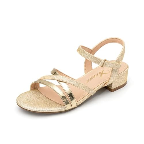 Athlefit Girls Sandals Low Heels Open Toe Flower Girl Summer Dress Easter Shoes for Party Wedding Gold Size 2 Little Kid - Image 1