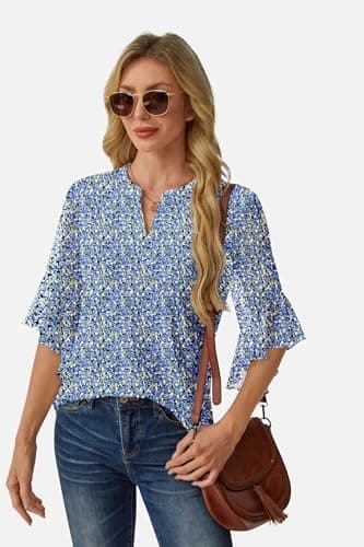 GKBK Womens 3/4 Sleeve Tops Dressy Casual Business Work Blouses Office Shirts Blue XL - Thumbnail 5
