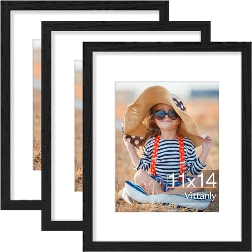 Vittanly 11x14 Picture Frame Set of 3, Display Pictures 8x10 with Mat or 11x14 without Mat for Wall Mounting, Photo Frames for Home Decor, Engineered Wood, Black - Image 1