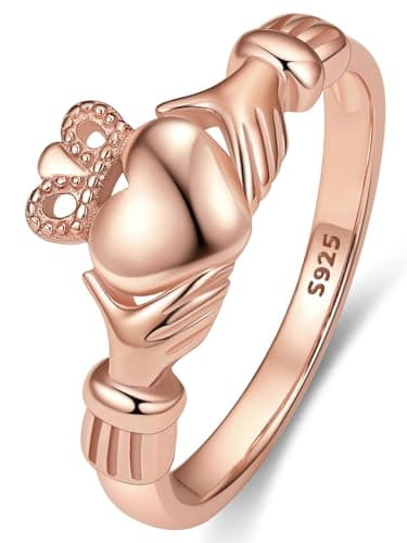 Bestyle Rose Gold Vermeil Silver Claddagh Rings for Women Sterlling Silver Band Ring Stacking Ring, Dianty Cute Simple Ring, Irish Celtic Love Ring Wedding Band for Couples, Size 8 - Image 1