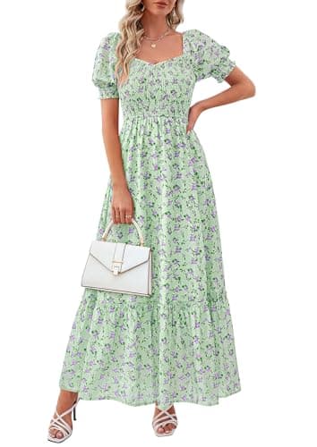PRETTYGARDEN Women's Floral Boho Maxi Dresses Flowy Short Sleeve A Line Smocked Eyelet 2026 Summer Beach Vacation Clothes (Floral Light Green,Small) - Image 1