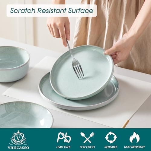 vancasso ANYA 24 Pieces Plates and Bowls Set, Mint Green Dinnerware Sets, Reactive Glaze Dishes Set for 6, Ceramic Dishware Sets Kitchen Dinner Set, Microwave & Dishwasher Safe - Thumbnail 4