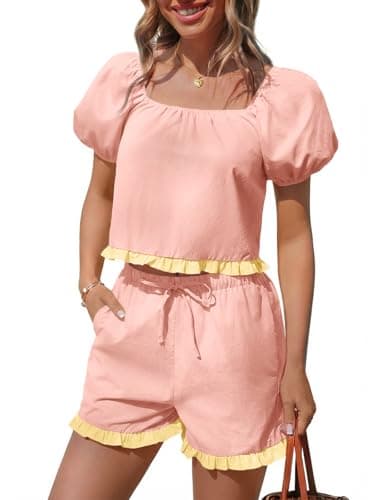 Tankaneo Womens 2 Piece Short Sets Summer Puff Sleeve Square Neck Babydoll Tops Cute Lounge Set Cotton Vacation Outfits - Image 1