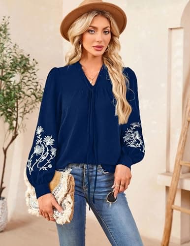 LOOKBOHO Boho Tops for Women Floral Embroidered Long Sleeve Peplum Blouses V Neck Tie Front Mexican Shirt Dressy Casual XXL - Thumbnail 6