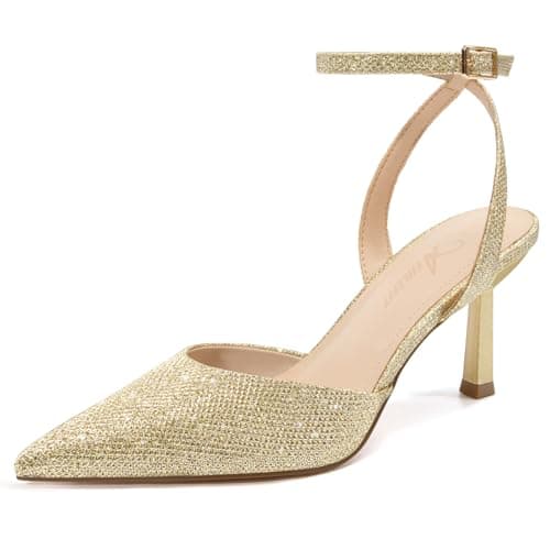 Athlefit Women's Closed Pointed Toe 3 Inch High Heels Ankle Strap Stiletto Heel Wedding Party Dress Pumps Shoes, Gold Glitter Size 10,SAPU2602W - Image 1
