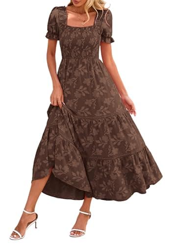 Lazysmile Women's Summer Boho Floral Maxi Dress Short Sleeve Square Neck Smocked Ruffle Elegant Wedding Guest Dress Brown - Image 1