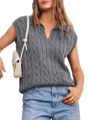 Dokotoo Vest V Neck Lapel Collar Cable Knit Vest for Women Cable Knit Summer Sweaters Fall Clothes for Women 2025 Grey X Large - Image 1