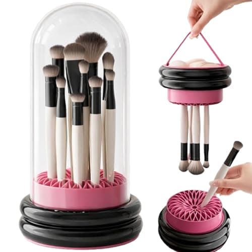 TIMISTARS Makeup Brush Holder Cleaner, 3 in 1 Silicone Makeup Brush Cleaning Bowl with Drying Rack, Detachable Brush Organizer for Brushes, Sponges & Puffs, Black and Pink - Image 1