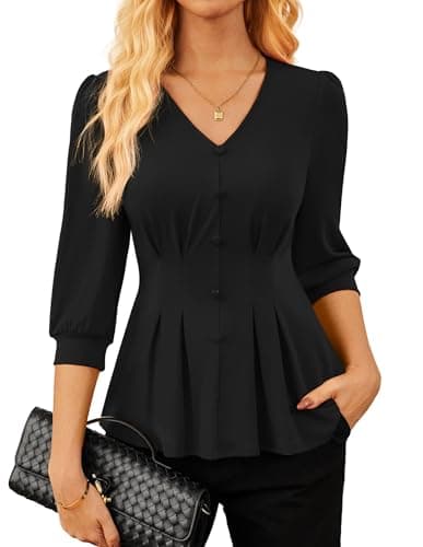 GRACE KARIN Women Business Casual Tops, 2026 Spring Trendy Dressy Blouses, 3/4 Sleeve V Neck Work Shirts Black Large - Image 1
