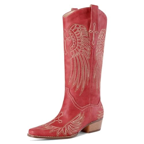 RONILURN Womens Knee High Boots Cowboy Cowgirl Tall Western Boots Pull On Square Toe Low Chunky Heel Retro Dress Ladies Comfortable Embroidered Boot - Image 1