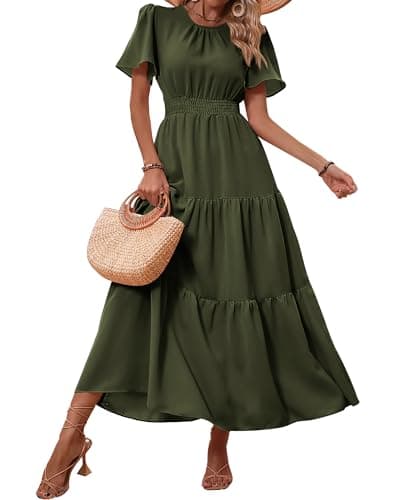 PRETTYGARDEN Women's Summer Casual Short Flutter Sleeve Round Neck Smocked Waist Tiered Boho Floral Flowy Maxi Dress(Solid Army Green,Medium) - Image 1