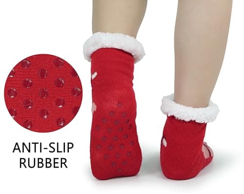 BenSorts Girls Slipper Fuzzy Socks Non-Slip Kids Boys Fleece Lined Warm Winter Child Home Cute Socks Red Bear 8 9 10 11 12 Years - Thumbnail 3