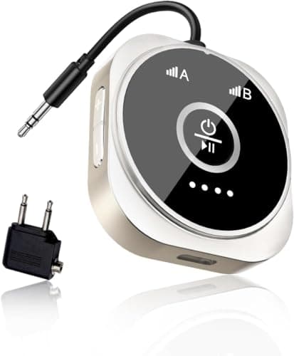 GEYILO Airplane Bluetooth 5.4 Transmitter Receiver with aptX Low Latency,Supports 2 AirPods or Headphones, 24Hr Playtime, 3.5mm AUX Wireless Audio Adapter for Home Stereo, Travel Flight, Home, Gym - Image 1