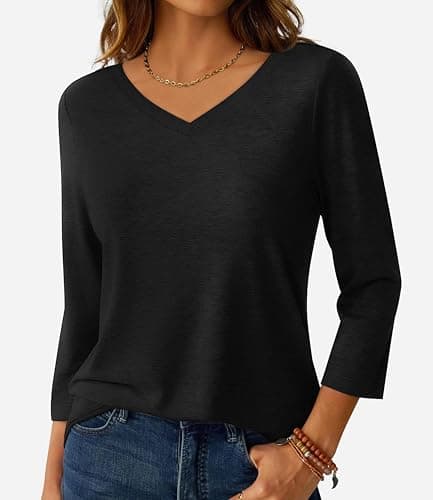GKBK Womens Tops 3/4 Sleeve Shirts V Neck Casual Blouses Basic Loose Fit Pullover Tshirts Black L - Thumbnail 2