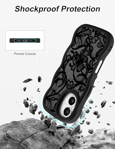 Aitipy Magnetic Case for iPhone 16, Compatible with MagSafe, Cute Black Lace Flower Aesthetic Soft Silicone Curly Wavy Shockproof Protective Phone Cover for Women Girls - Thumbnail 4