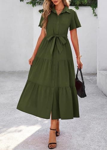 KIRUNDO Summer Button Down Wedding Guest Shirt Dresses for Women Maxi Flutter Short Sleeve Flowy Tiered Beach Sun Dress(Army Green, X-Large) - Thumbnail 3