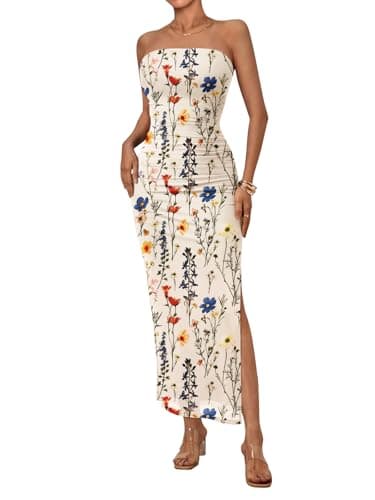Trendy Queen Womens Bodycon Dress Summer Beach Vacation Outfits 2026 Maxi Party Cocktail Dresses Tropical Floral Clothes Wedding Guest Strapless Tube Tops Print White XS - Image 1