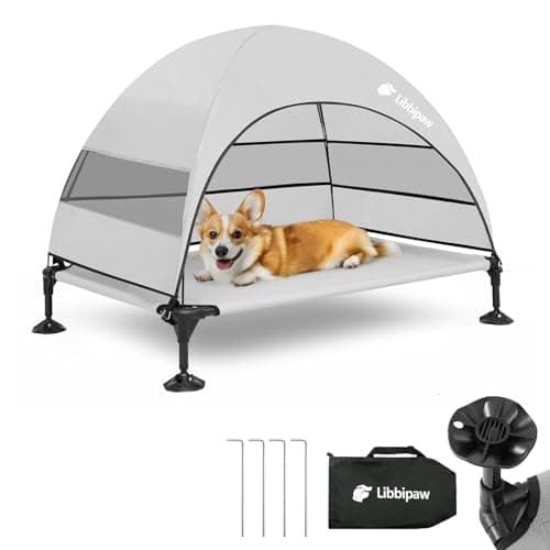 Libbipaw Windproof Elevated Dog Bed with Canopy & Stakes, 3-Sided 90% UV Block, Chew-Proof Teslin Mesh Mat for Large Dogs up to 150lbs(Grey Large) - Image 1