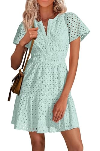 PRETTYGARDEN Womens 2026 Summer Short Dress V Neck Short Sleeve A Line Hollow Out Lace Ruffle Cute Casual Beach Party Dresses (Light Green,Medium) - Image 1