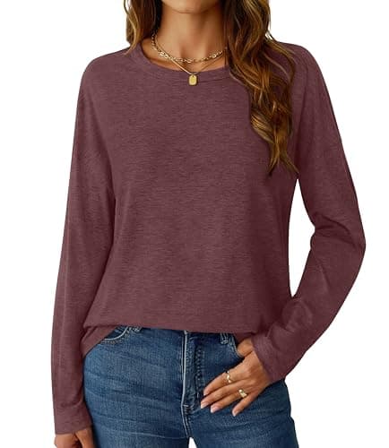 GKBK Long Sleeve Shirts for Women Crew Neck Basic Tops Casual Loose Fitted Fall Clothes 2025 Wine Red L - Image 1