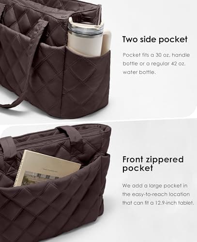 Uselike Tote Bag for Women, Lightweight Puffer Tote Work Bags with Compartments for Travel, Quilted Shoulder Bag with Zipper (Dark Brown) - Thumbnail 3
