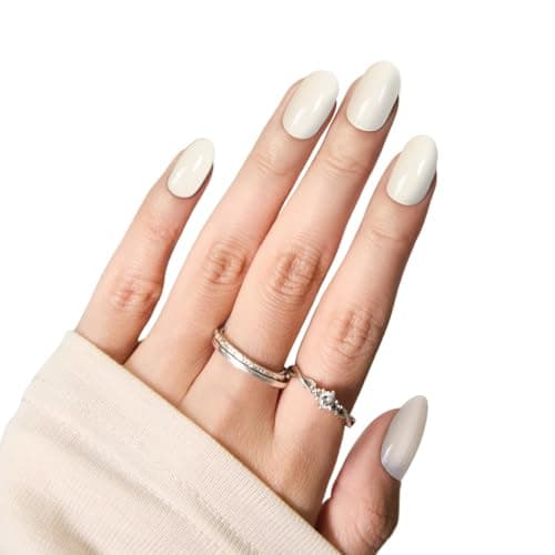 White Press On Nails Almond, Medium Beige Fake Nails with Nail Glue, Natural Soft Gel Nail Kit, Natural Reusable Glue On Nails in 15 Sizes 30 Fake Nails Kit - Image 1