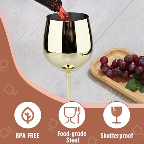 TJ Wine Glasses Stainless Steel Set of 2, Unbreakable Wine Glass 17oz, Wine Accessories Cool Wine Glass, Wine Goblets for Outdoor, Travel, House Warming, Valentines, Anniversary, Gold - Thumbnail 2