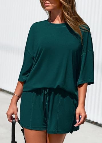 KIRUNDO 2 Piece Sets for Women Summer Lounge Sets Casual Oversized Tshirts Shorts Matching Airport Travel Outfits Postpartum(Peacock Green, Medium) - Thumbnail 6