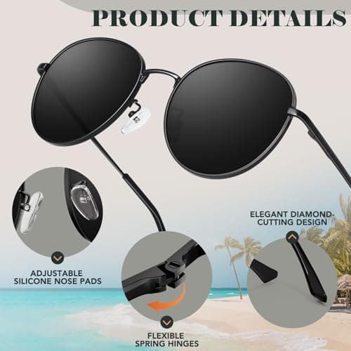 GQUEEN Retro Round Polarized Sunglasses Womens Men Spring Hinge Metal Frame Trendy Hippie Oval Sun Glasses Shades UV400,Black - Thumbnail 4