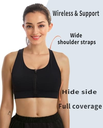 newlashua High Support Sports Bras for Women - High Impact Zip Front Sports Bra Padded Strappy Back Workout Bra XXL Black - Thumbnail 3
