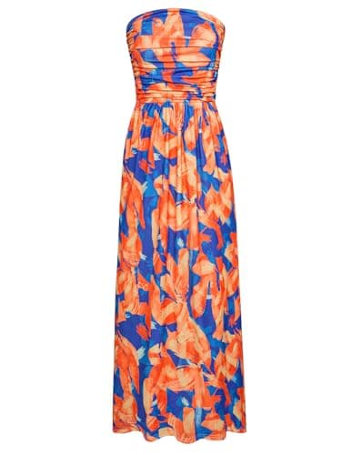 GRACE KARIN Women's 2024 Summer Bohemian Floral Printed Strapless Beach Party Long Maxi Dress Blue Orange - Image 1