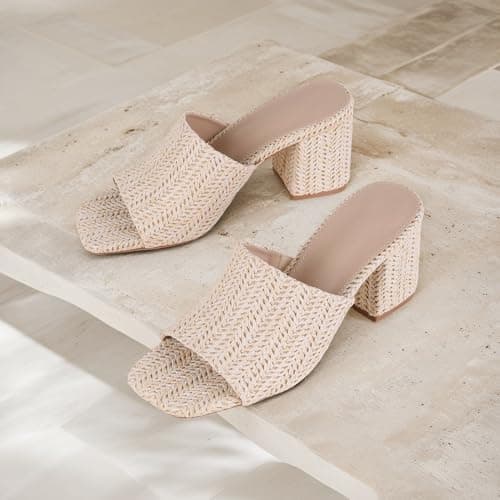 Ancomafio Women's Heeled Sandals Raffia Sandals Square Open Toe Heels Backless Mules Slip On Block Heels Beige Size 8 - Thumbnail 6