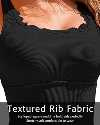 Charmo Womens Scalloped Ribbed One Piece Swimsuits Retro Square Neck Modest Bathing Suits Black M - Thumbnail 4