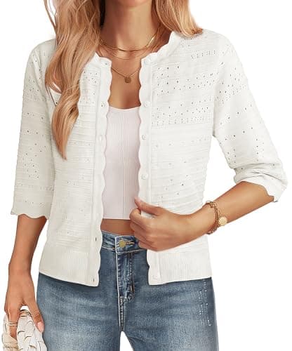 GRACE KARIN White Cardigan Sweaters for Women Summer Lightweight Button Up Cardigans 3/4 Sleeve Cropped Summer Casual Shrugs - Image 1
