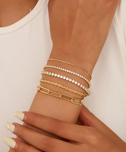 Gold Bracelets for Women 14K Gold Plated Stack Trend Bracelets Charm Paperclip Chain Cuban Link Layered Waterproof Bracelet Dainty Bracelet for Women Jewelry Gifts (Gold 5Pcs) - Thumbnail 2