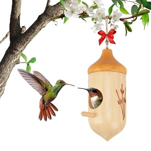 Hummingbird House, Small Wooden Hummingbird House for Outdoors, Cute Bird House with Bow & Hanging String, Garden Decor & Gift - Image 1