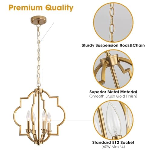 ACANER 4-Light Brushed Gold Chandeliers for Dining Room, 15.6" Farmhouse Geometric Pendant Light Fixture for Entryway Foyer Kitchen Bathroom Over Sink - Thumbnail 5