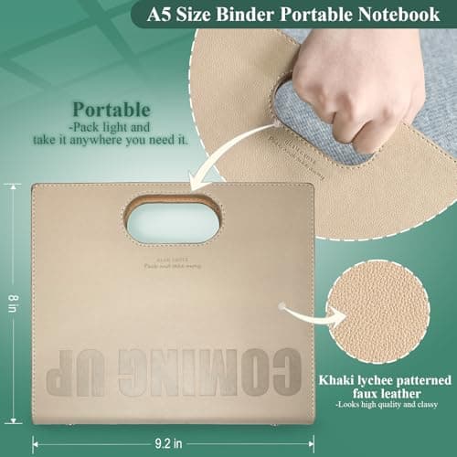 Blank A5 Binder Portable Refillable Notebook - 5.8" x 8.3", 160 Pages of 100G Thick Paper, 6-Ring Design with Pen Loop and Index Tab Stickers - Ideal for Writing, Travel, Work, and School (Khaki) - Thumbnail 2