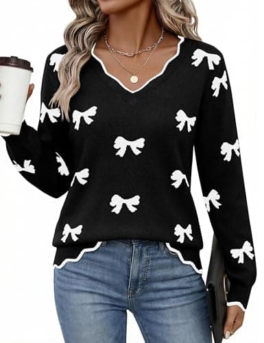 LaGracia Womens Fall V Neck Sweater 2026 Lightweight Casual Long Sleeve Ribbed Knit Pullover Sweaters Dressy Fall Outfits Black-Bow M - Image 1